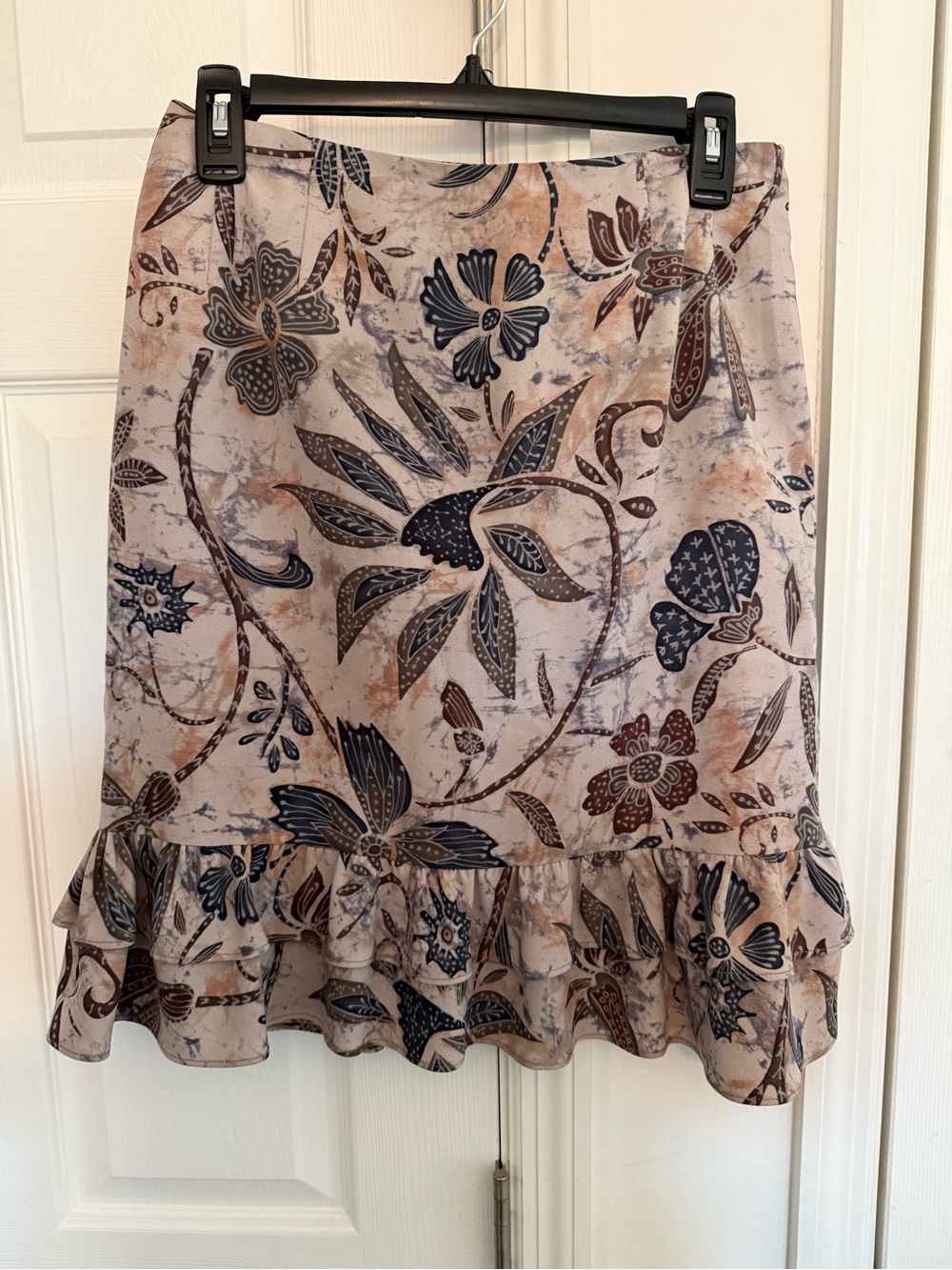 Floral Ruffle Hem A-Line Skirt - Beige with Blue & Brown Floral